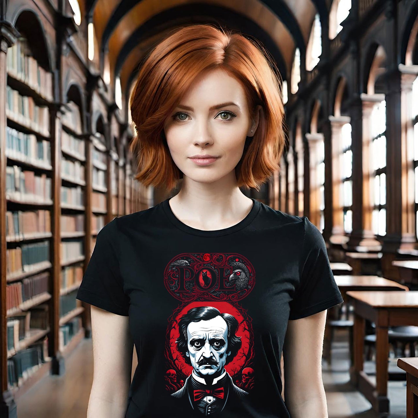 Edgar Allen Poe Tribute Unisex T-Shirt, Gothic Raven Skull Cat Halftone Tee, Black Red Poe Fan Shirt, Creepy Gothic Style Tee, Gothic