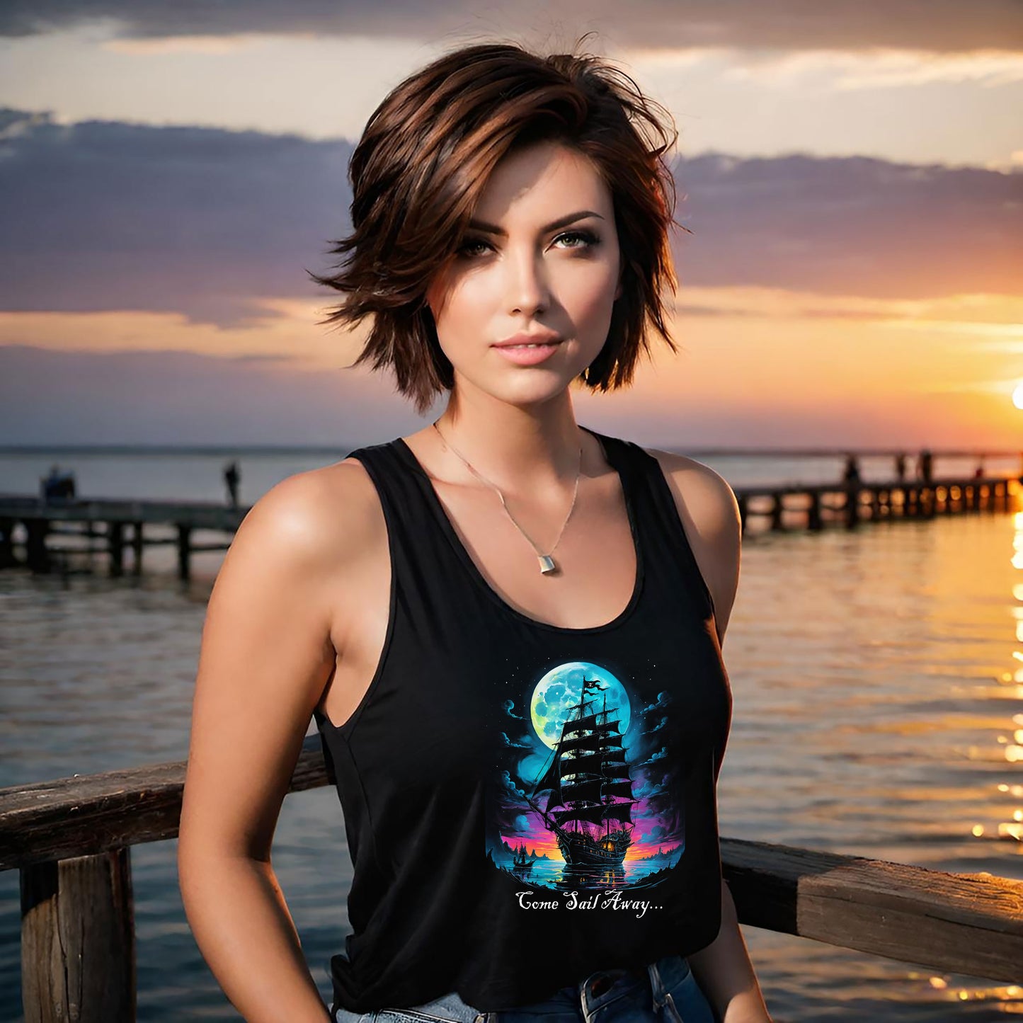 Pirate Ship Tank Top, Unisex Jersey, Nautical Enthusiasts Gift, Salt Life Tee, Pirate Lover Shirt, Sunset Moon Beachwear