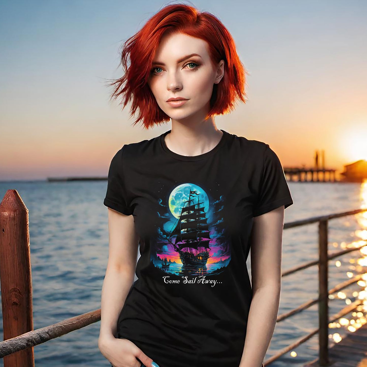 Pirate Ship Unisex Tee, Jolly Roger Sunset Nautical T-Shirt, Salt Life Gift, Sailing Tee, Sailor Tee, Pirate Lover Tee, Full Moon Tee,