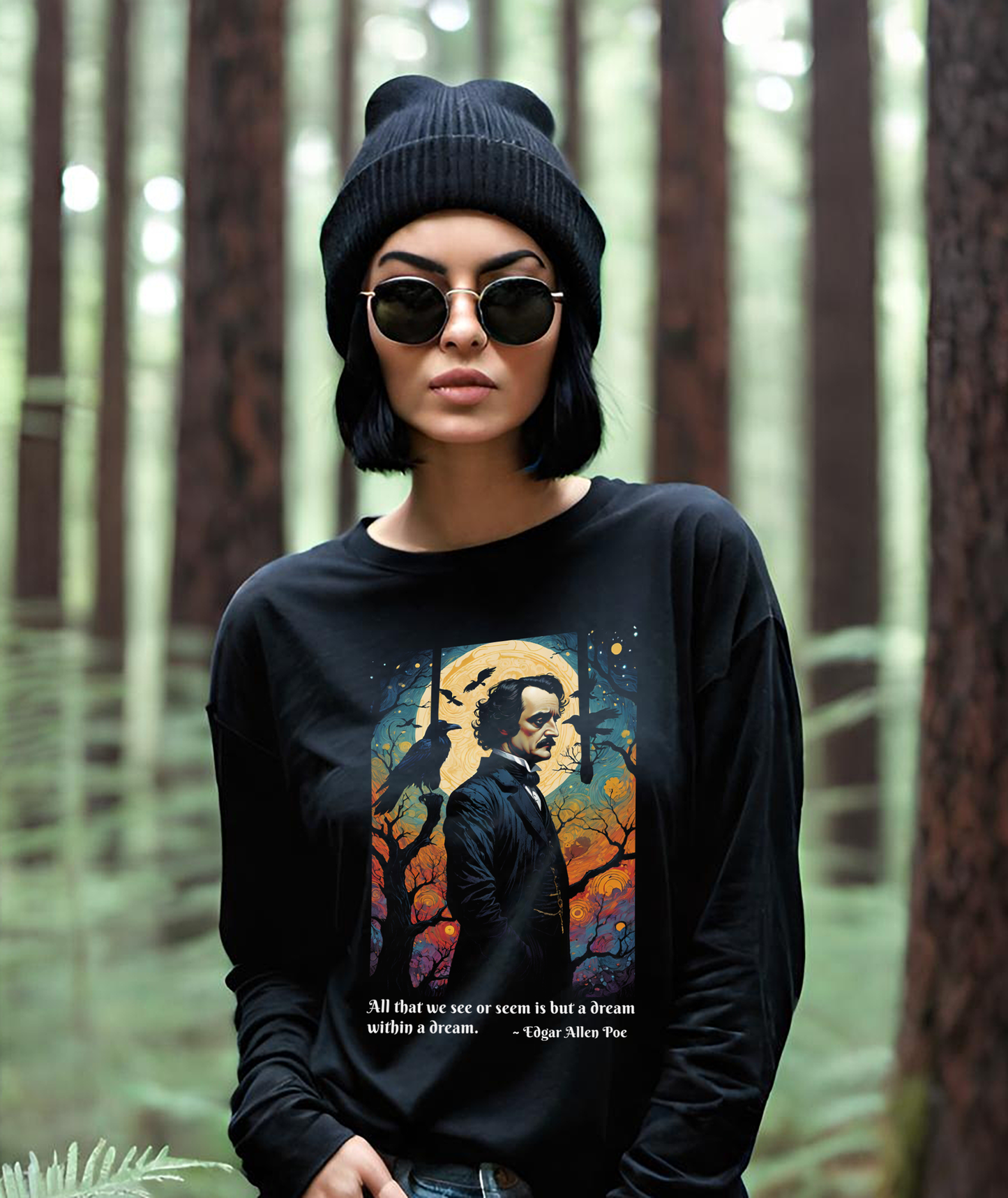 Once upon a midnight dreary. If these words conjure up images of diabolical fiends and fearsome specters, then you must be a fan of Poe, and you are in the right place to! Claim this stunningly creepy Edgar Allen Poe Women's
long sleeve t-shirt today!