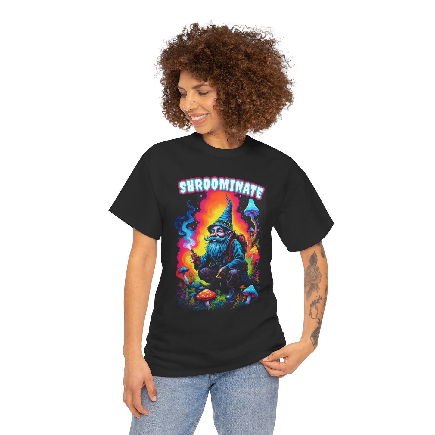 Trippy Neon Gnome Tee, 'Shroominate' Graphic T-Shirt, Fantasy Shirt, Colorful Festival Top, Quirky Mushroom Design, Unisex Heavy Cotton Tee