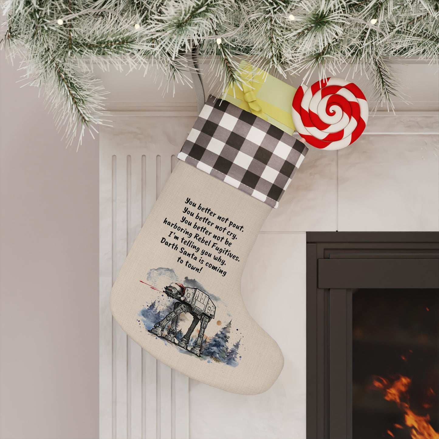 Star Wars Holiday Christmas Stocking - AT-AT Walker in Santa Hat, Festive and Humorous Design, Perfect for SW Fans, Christmas Decor, Gift