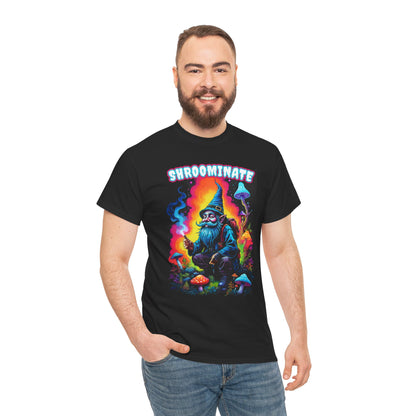 Trippy Neon Gnome Tee, 'Shroominate' Graphic T-Shirt, Fantasy Shirt, Colorful Festival Top, Quirky Mushroom Design, Unisex Heavy Cotton Tee