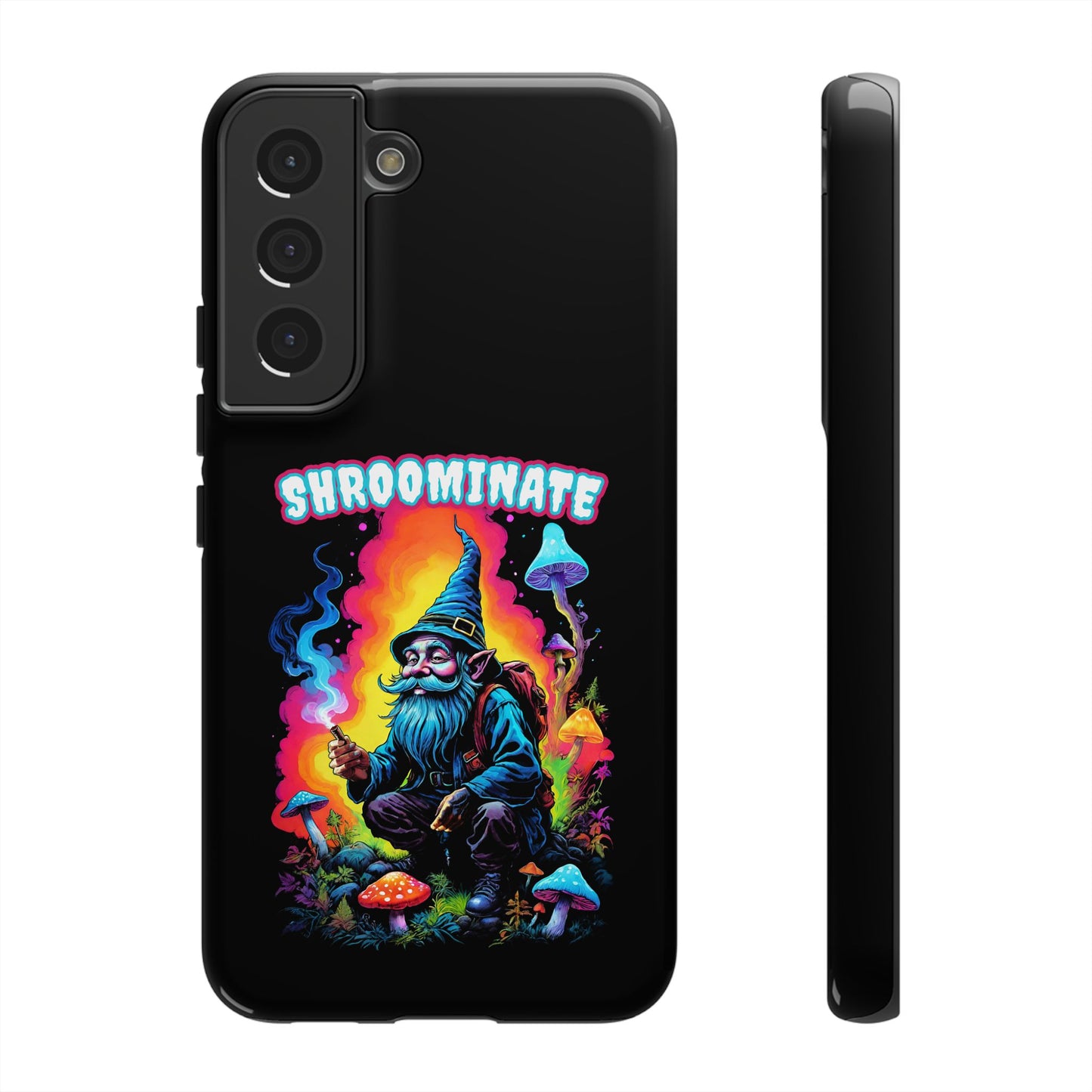 Trippy Neon Gnome Rugged Cell Phone case, 'Shroominate' Graphic design, Fantasy Cell Phone Case, Quirky Mushroom Design, Rugged Tough Cases