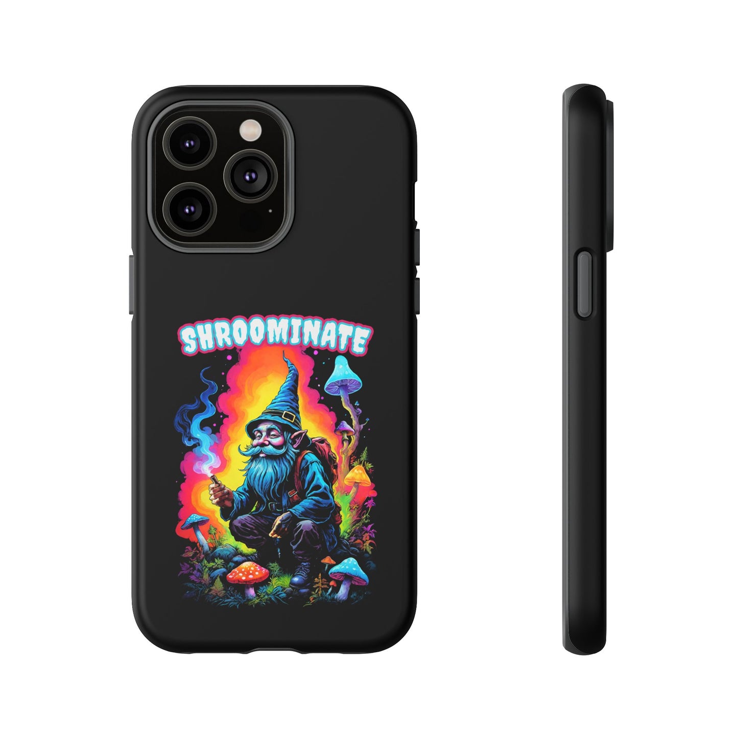 Trippy Neon Gnome Rugged Cell Phone case, 'Shroominate' Graphic design, Fantasy Cell Phone Case, Quirky Mushroom Design, Rugged Tough Cases