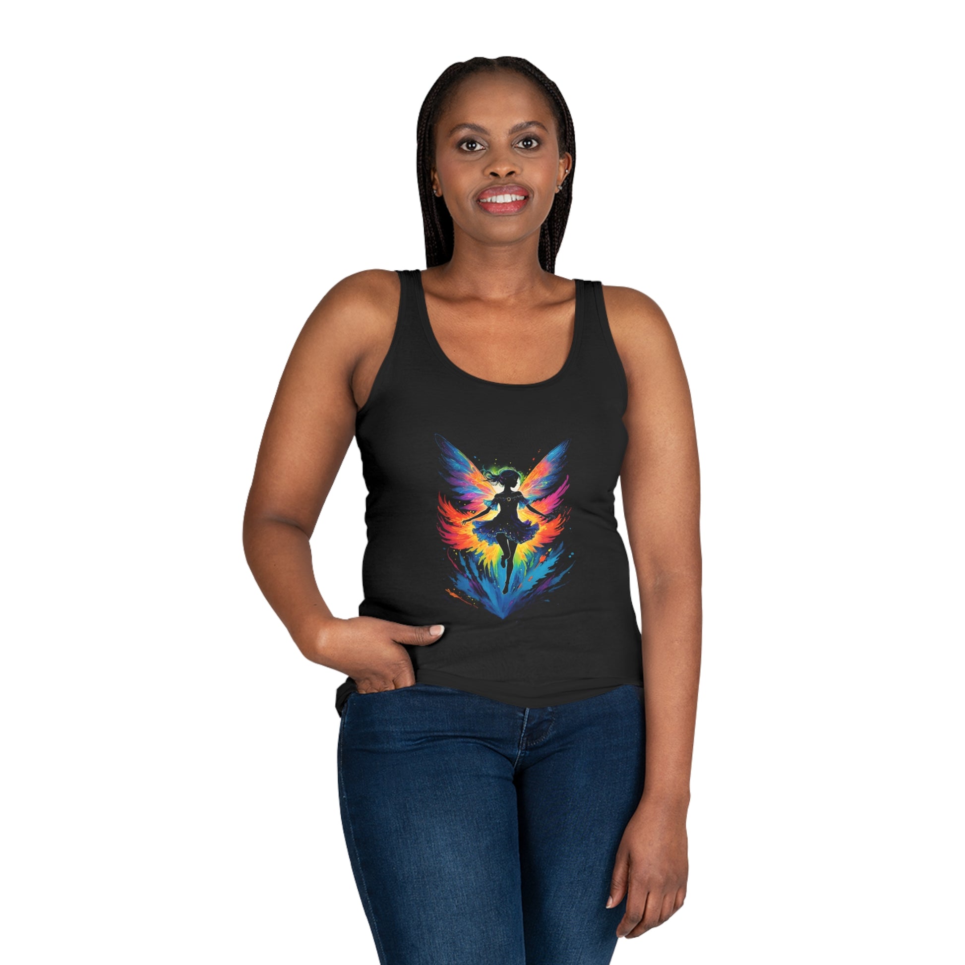 This stunning Fairy tank top is sure to delight any fan of fairies, fantasy, and magic. This magical fairy tank top is a super light design with all of the black ink removed making the design super light and soft on an all cotton Women's Tank Top