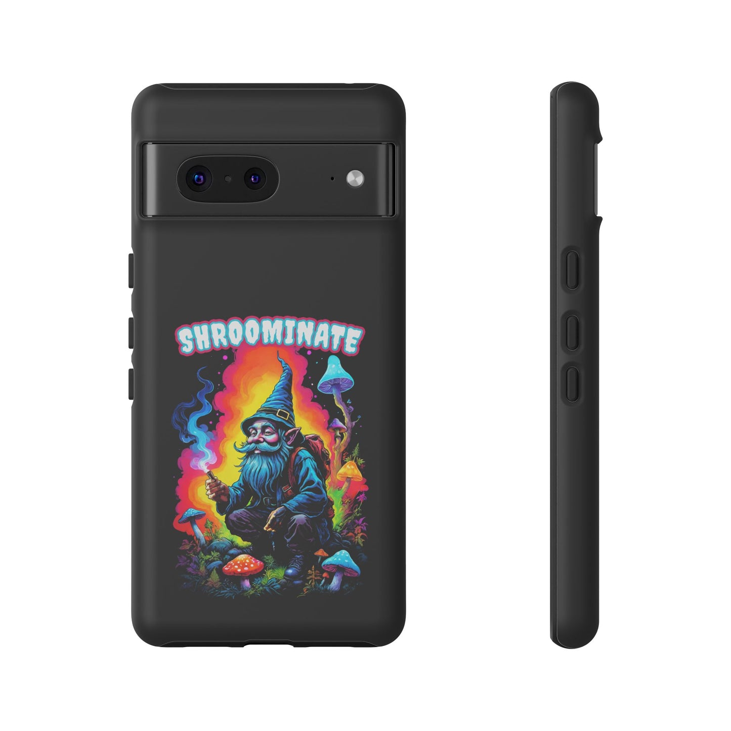 Trippy Neon Gnome Rugged Cell Phone case, 'Shroominate' Graphic design, Fantasy Cell Phone Case, Quirky Mushroom Design, Rugged Tough Cases