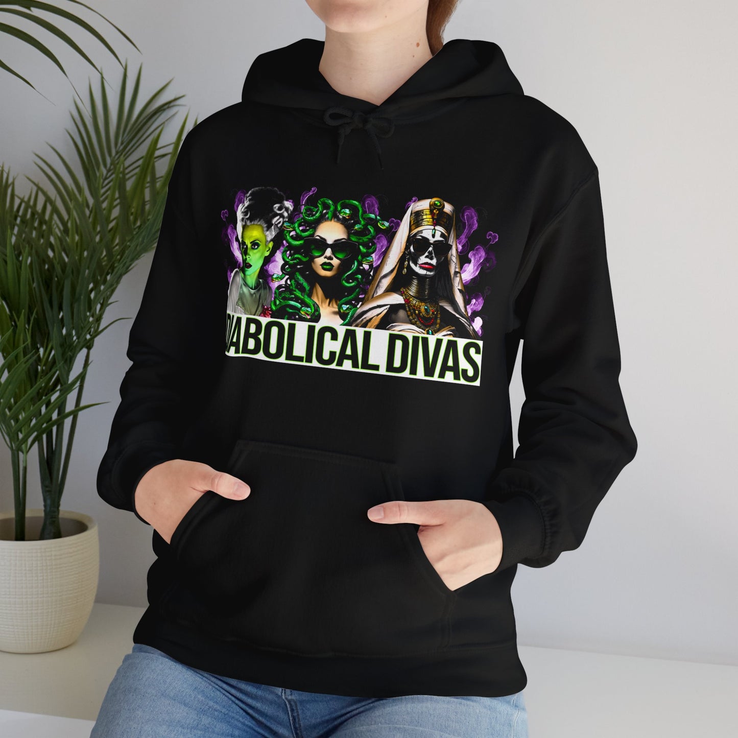 Diabolical Divas T-shirt, Gothic Horror T-shirt, Movie Monster T-shirt, Bride of Frankenstein, Medusa, and the Mummy, Halloween t-shirt, unisex gothic t-shirt, Unisex Heavy Blend™ Hooded Sweatshirt