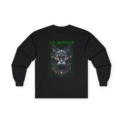 Matrix Cat Parody Tee, Funny Meowtrix Movie T-Shirt for Cat Lovers, Unisex Cotton Long Sleeve Shirt, Humorous Gift for Matrix Fans, Casual