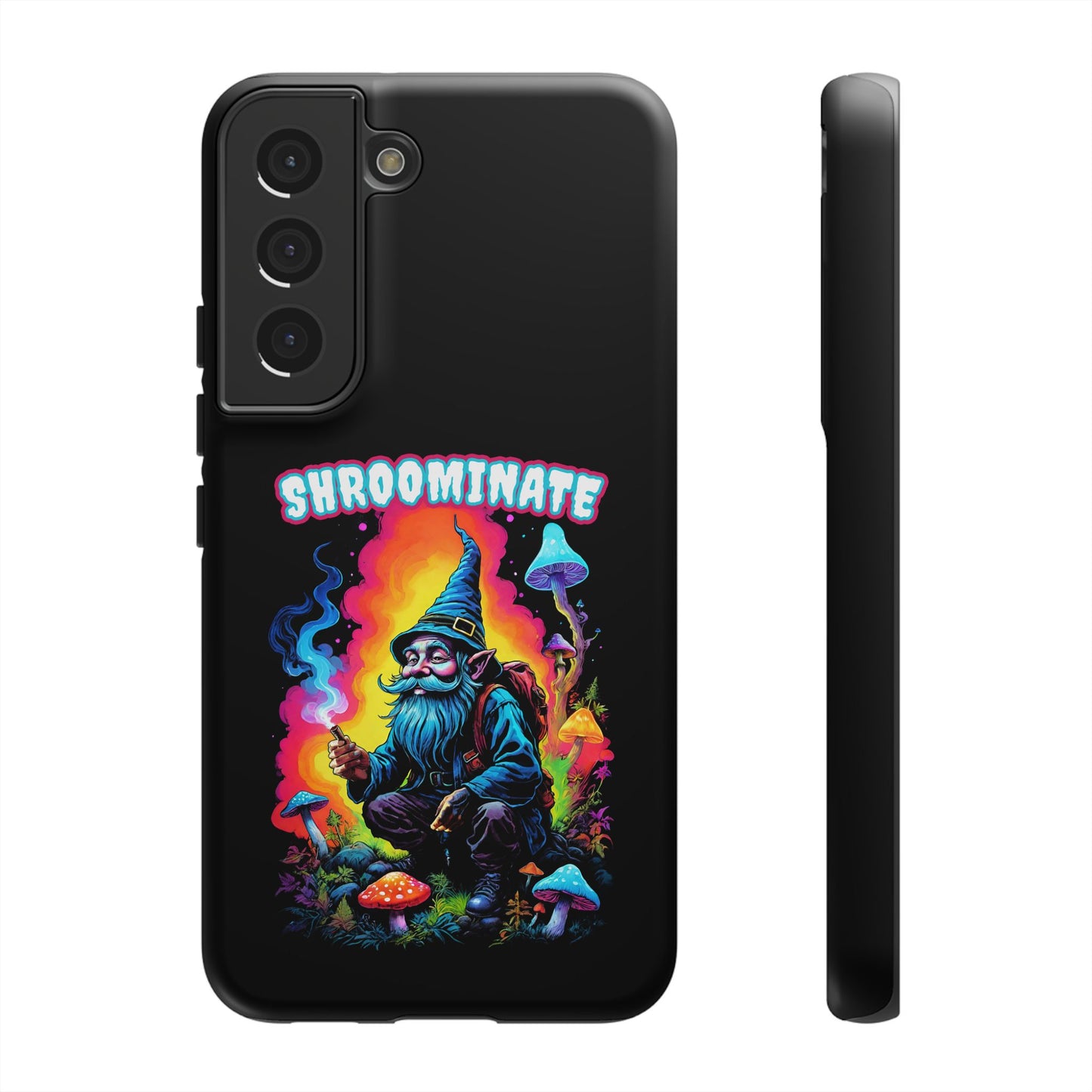 Trippy Neon Gnome Rugged Cell Phone case, 'Shroominate' Graphic design, Fantasy Cell Phone Case, Quirky Mushroom Design, Rugged Tough Cases