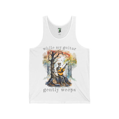 This gothic skeleton Tank Top Tee featuring a grisly guitarist jamming on an acoustic guitar in a haunting watercolor forest is a stunning tongue-in-cheek homage to the Beatles music. This stylish unisex jersey tank top looks great.