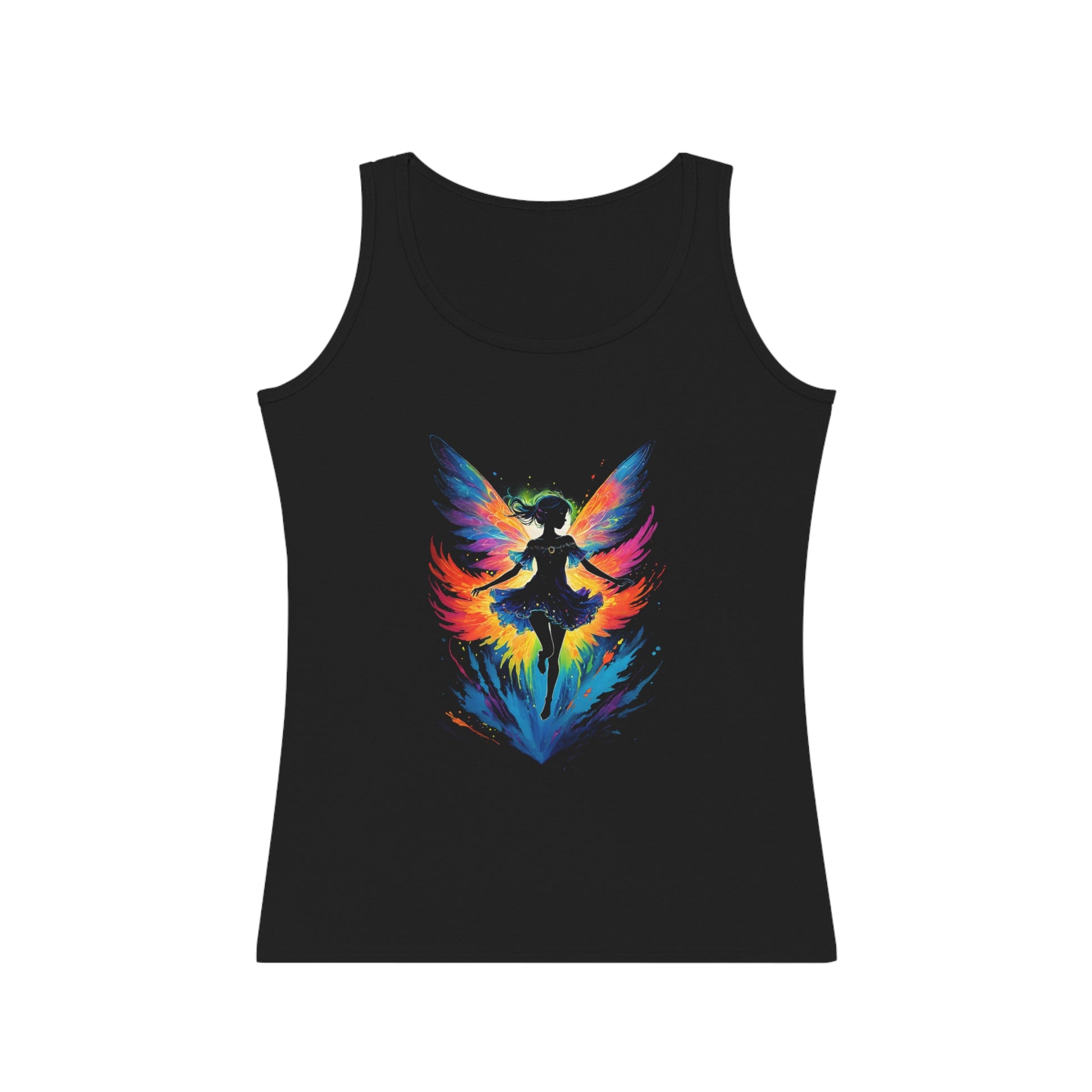 This stunning Fairy tank top is sure to delight any fan of fairies, fantasy, and magic. This magical fairy tank top is a super light design with all of the black ink removed making the design super light and soft on an all cotton Women's Tank Top