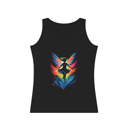 This stunning Fairy tank top is sure to delight any fan of fairies, fantasy, and magic. This magical fairy tank top is a super light design with all of the black ink removed making the design super light and soft on an all cotton Women's Tank Top