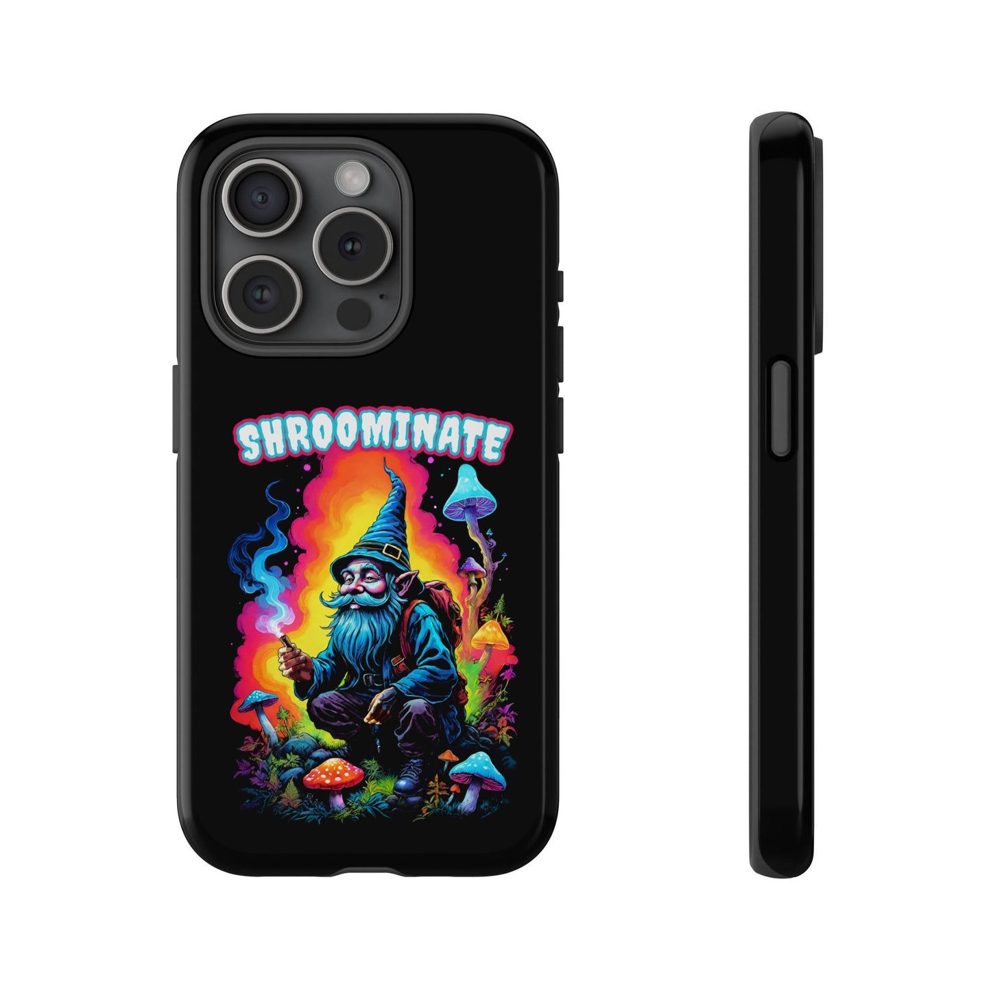 Trippy Neon Gnome Rugged Cell Phone case, 'Shroominate' Graphic design, Fantasy Cell Phone Case, Quirky Mushroom Design, Rugged Tough Cases