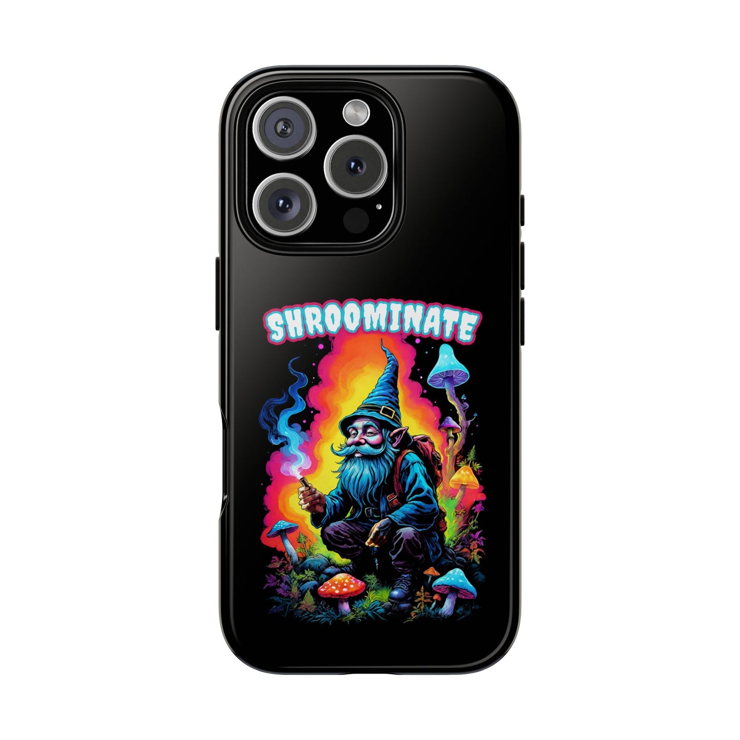 Trippy Neon Gnome Rugged Cell Phone case, 'Shroominate' Graphic design, Fantasy Cell Phone Case, Quirky Mushroom Design, Rugged Tough Cases