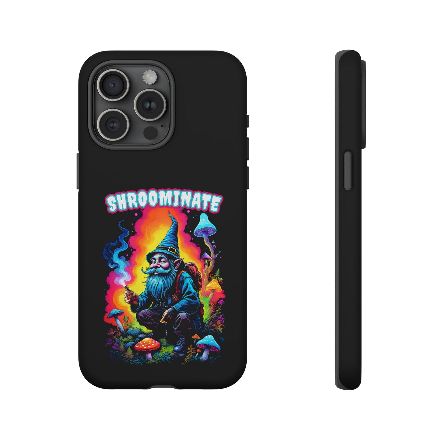 Trippy Neon Gnome Rugged Cell Phone case, 'Shroominate' Graphic design, Fantasy Cell Phone Case, Quirky Mushroom Design, Rugged Tough Cases