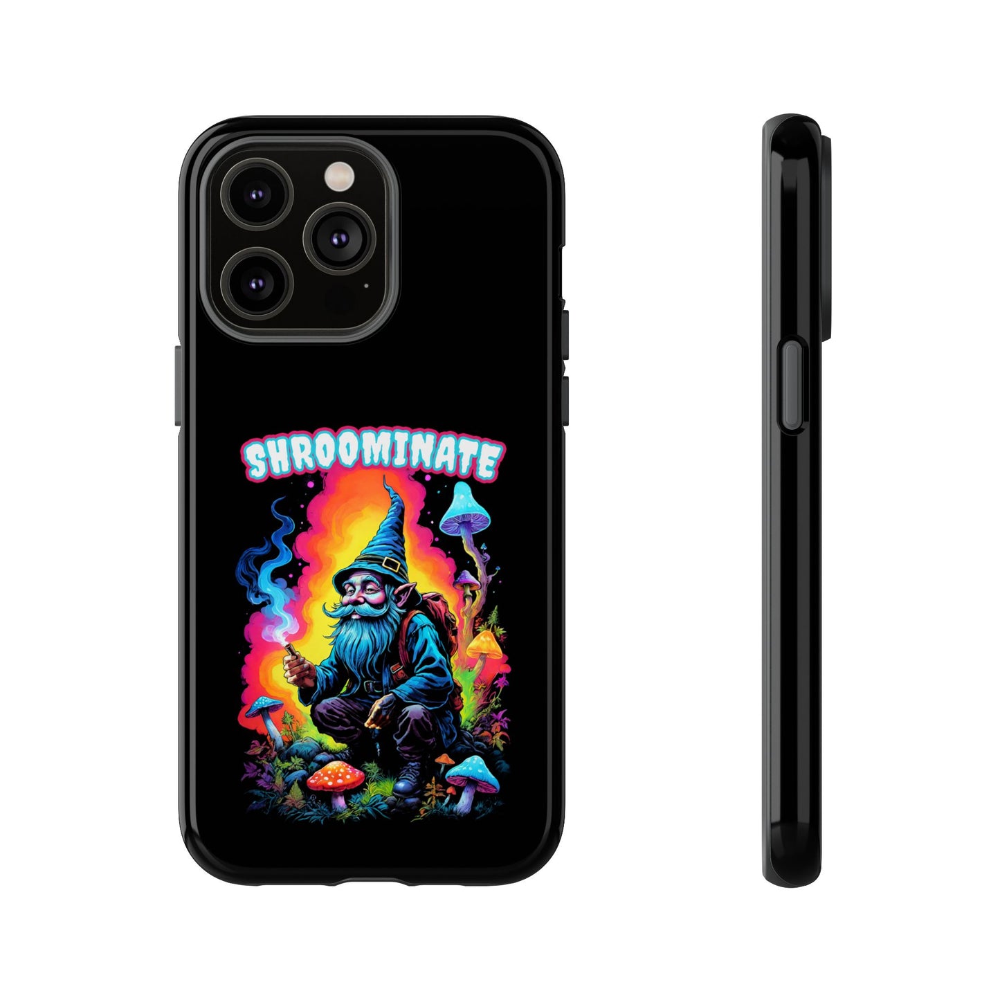 Trippy Neon Gnome Rugged Cell Phone case, 'Shroominate' Graphic design, Fantasy Cell Phone Case, Quirky Mushroom Design, Rugged Tough Cases