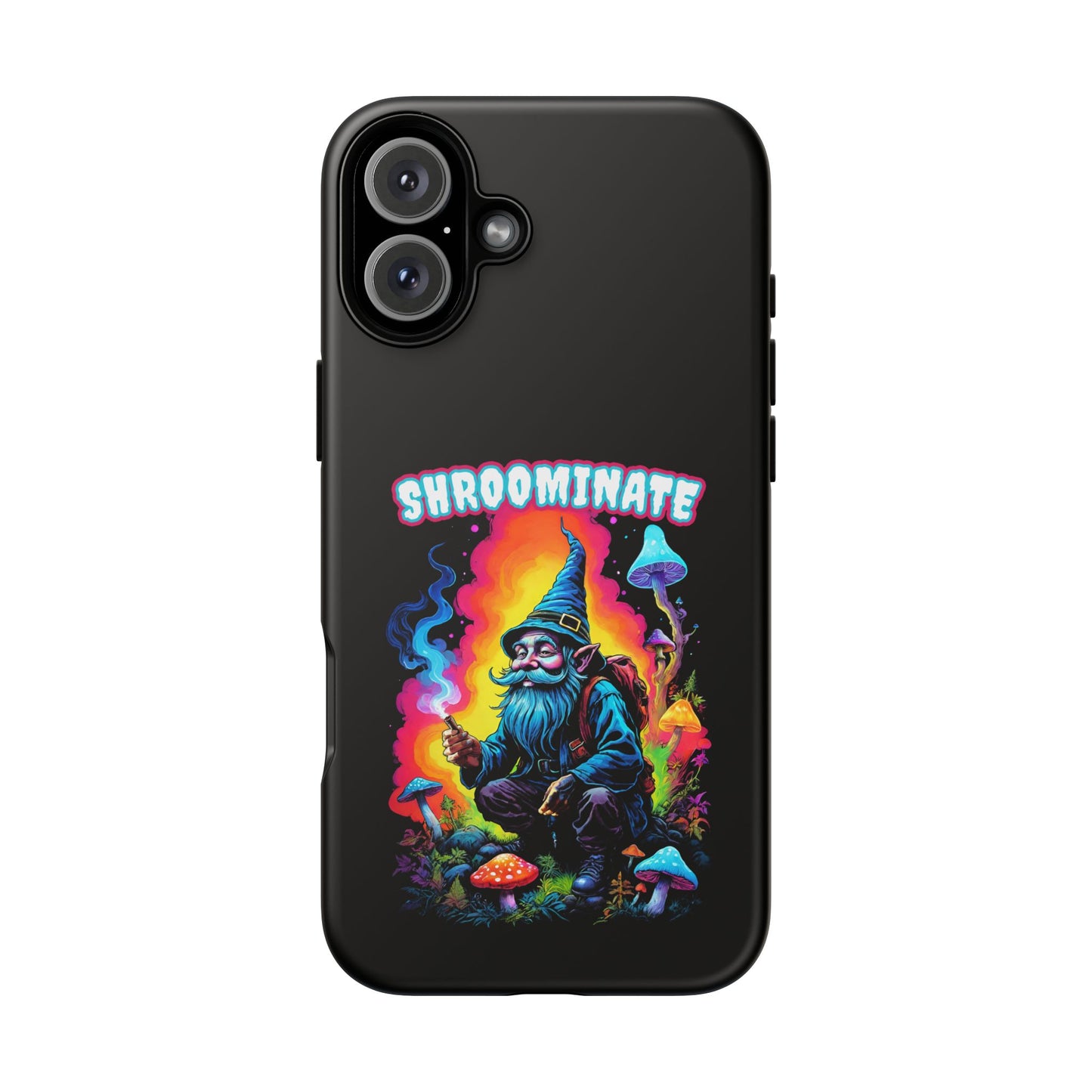 Trippy Neon Gnome Rugged Cell Phone case, 'Shroominate' Graphic design, Fantasy Cell Phone Case, Quirky Mushroom Design, Rugged Tough Cases