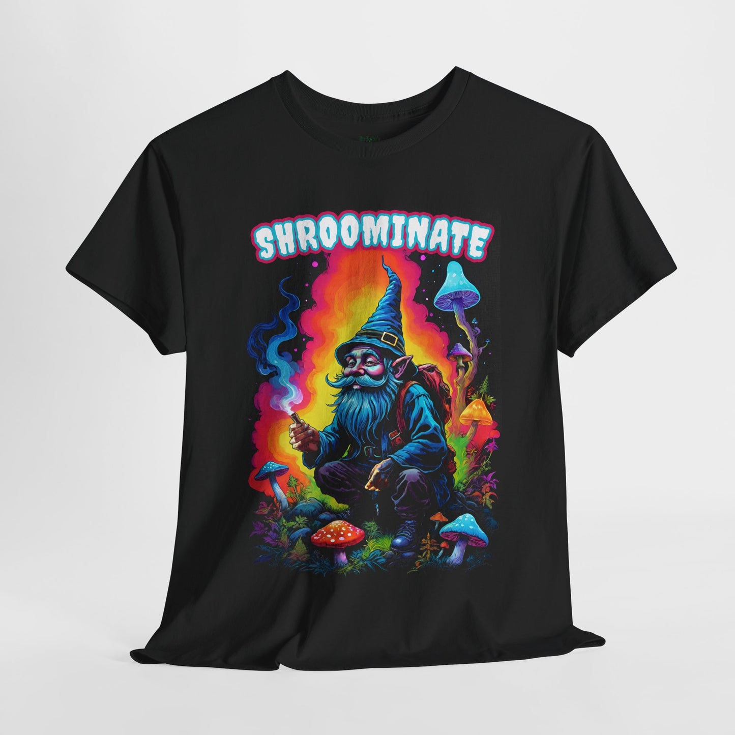 Trippy Neon Gnome Tee, 'Shroominate' Graphic T-Shirt, Fantasy Shirt, Colorful Festival Top, Quirky Mushroom Design, Unisex Heavy Cotton Tee