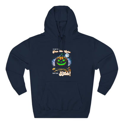Halloween Three-Panel Fleece Hoodie, Spooky Jack-O'-Lantern & Pumpkin Spice, Festive Fall Apparel, Funny Unisex Sweatshirt, Cozy Seasonal