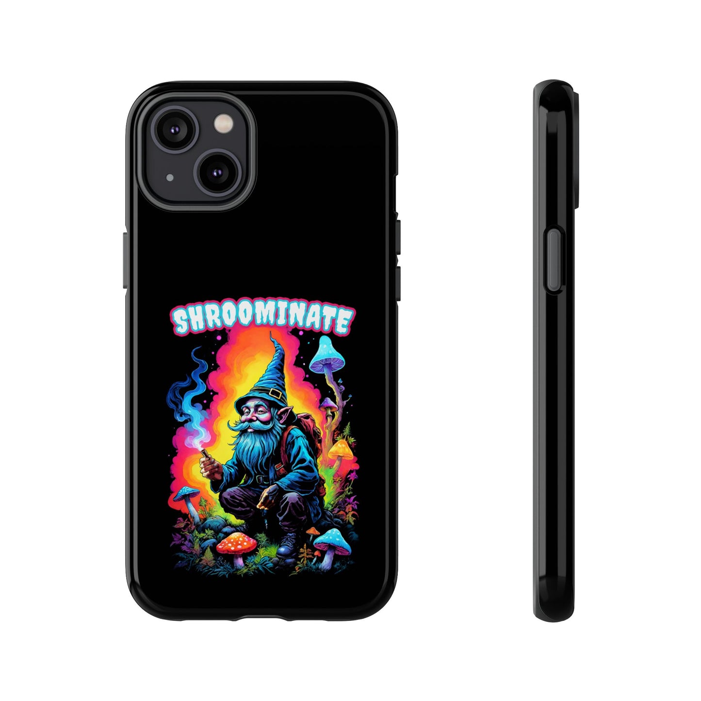 Trippy Neon Gnome Rugged Cell Phone case, 'Shroominate' Graphic design, Fantasy Cell Phone Case, Quirky Mushroom Design, Rugged Tough Cases