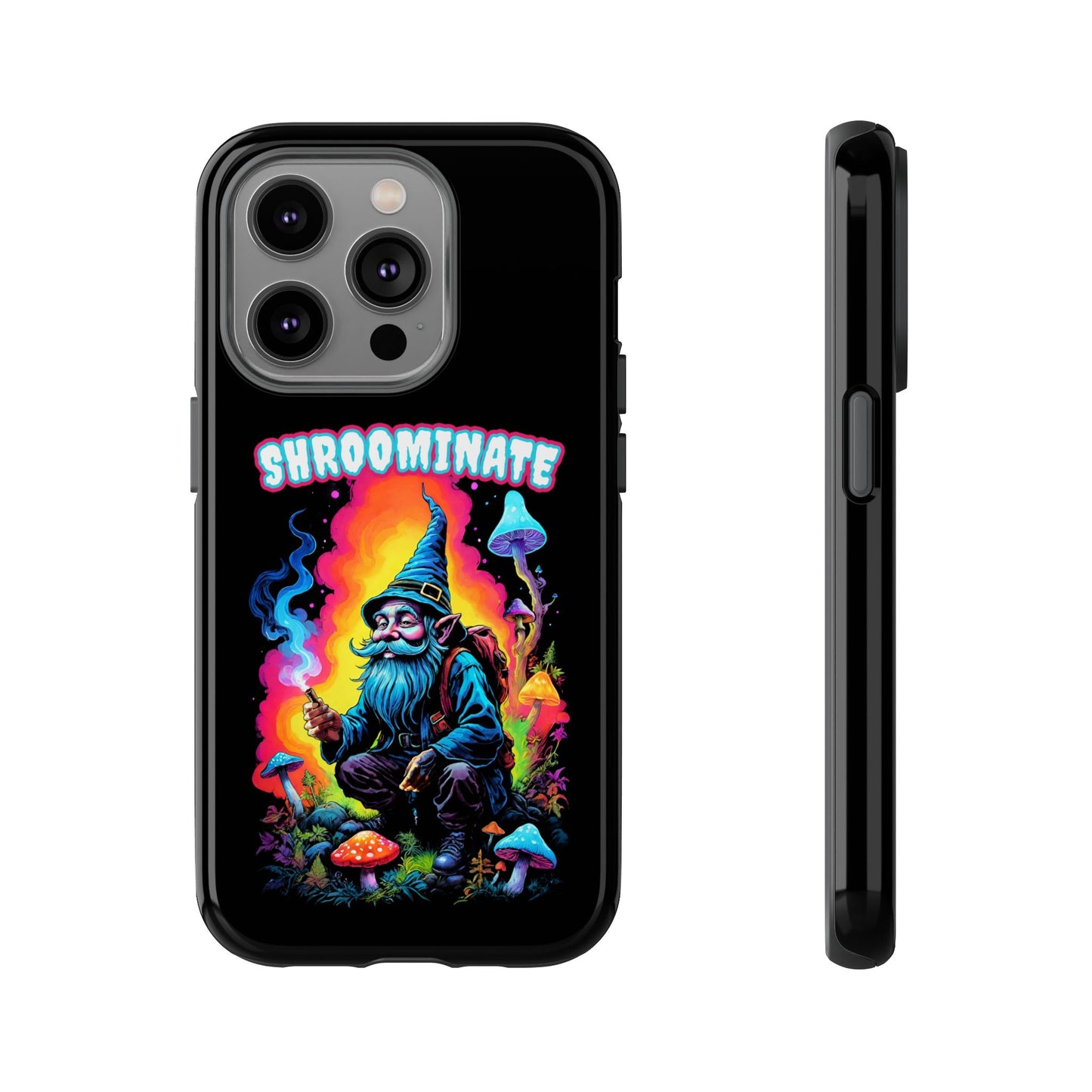 Trippy Neon Gnome Rugged Cell Phone case, 'Shroominate' Graphic design, Fantasy Cell Phone Case, Quirky Mushroom Design, Rugged Tough Cases