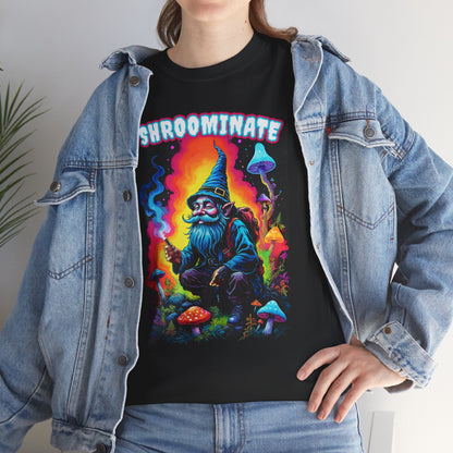 Trippy Neon Gnome Tee, 'Shroominate' Graphic T-Shirt, Fantasy Shirt, Colorful Festival Top, Quirky Mushroom Design, Unisex Heavy Cotton Tee