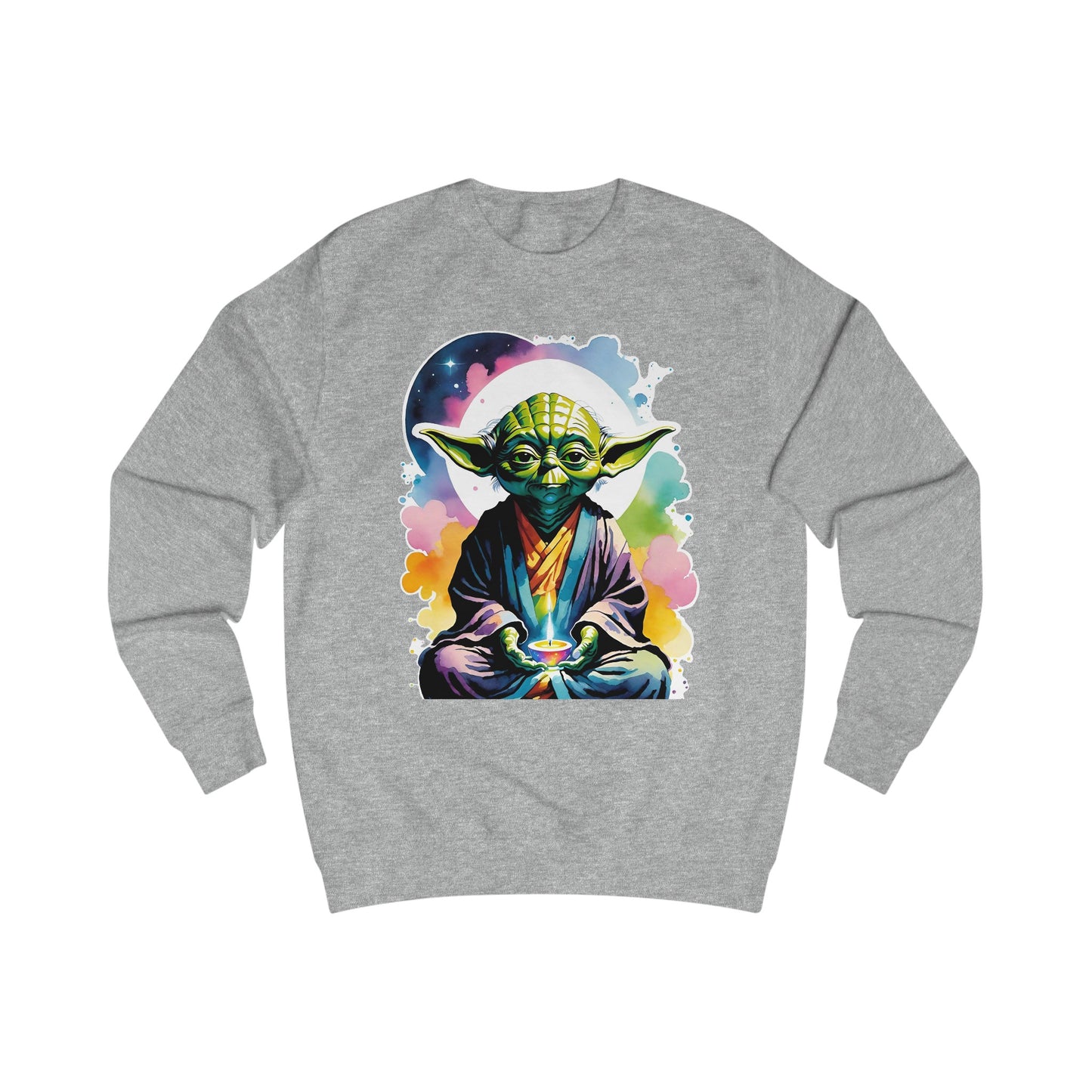 This groovy Yoda sweatshirt with a watercolor design. Featuring Yoda arguably the most famous Jedi Master in the Star Wars franchise doing Yoga. This colorful Star Wars inspired grey sweatshirt is a must have for any true Star Wars fans.