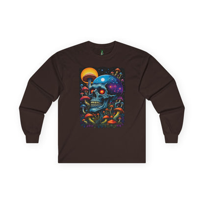 Cosmic Skull Long Sleeve Tee, Psychedelic Shirt, Magic Mushroom Art Tee, Unisex Graphic Tee, Halloween Gift, Festival Wear
