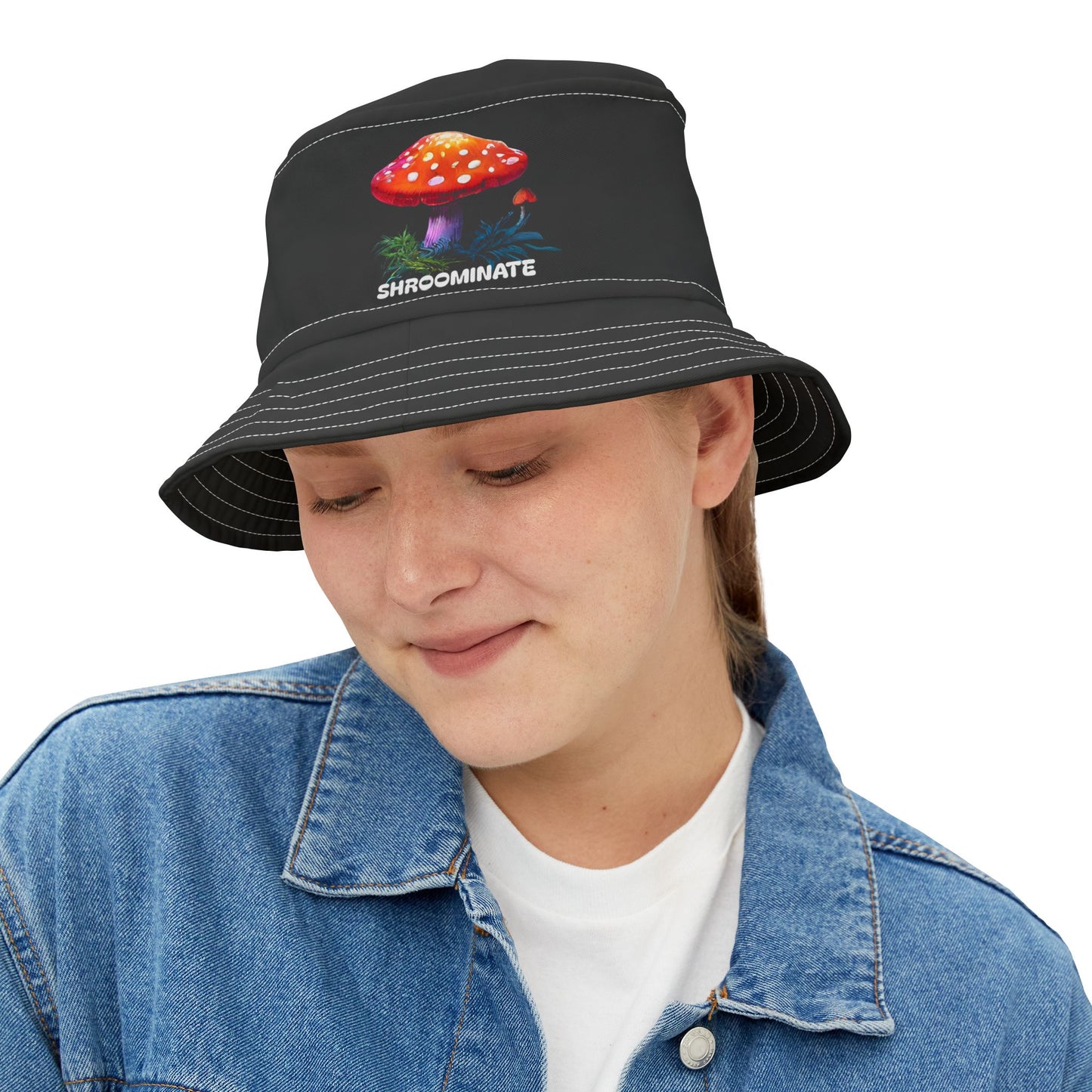 Bucket Hat with Magic Mushroom Design, SHROOMINATE Hippie Festival Cap, Trippy Psychedelic Headwear, Groovy Thinking Cap, Existence Mystery