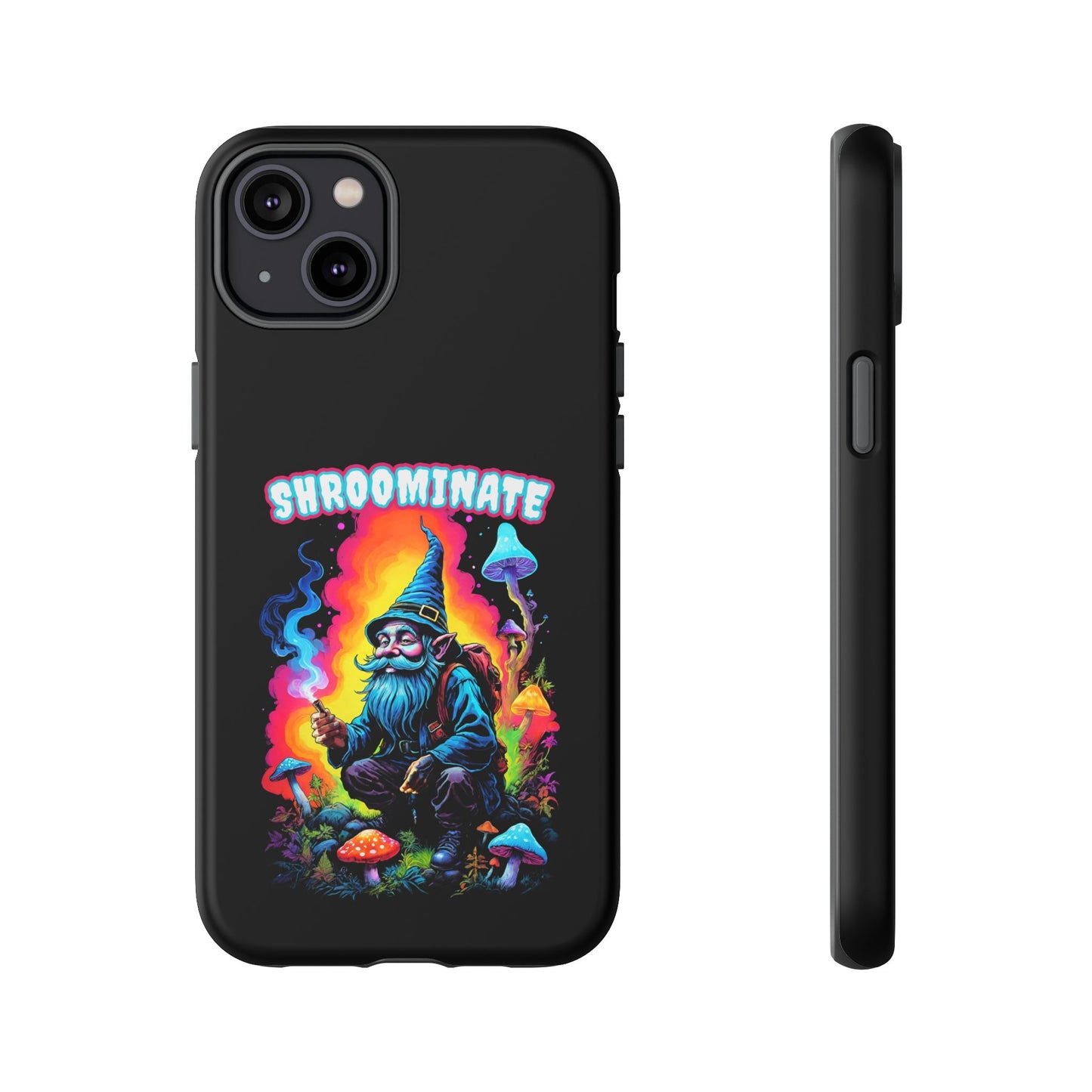 Trippy Neon Gnome Rugged Cell Phone case, 'Shroominate' Graphic design, Fantasy Cell Phone Case, Quirky Mushroom Design, Rugged Tough Cases