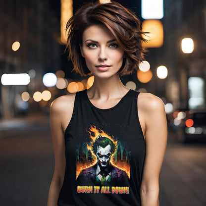 Joker Tank Top, DC Comic Shirt for Women, Burn It All Down, Gotham City Flames Tee, Ideal Racerback Tank, Comic Book Fan Apparel