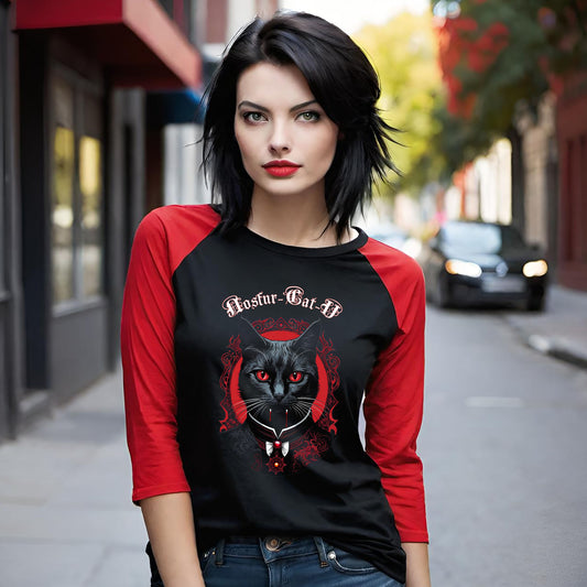 Nosfur-Cat-U, Gothic Cat Vampire Tee, Vintage Cat Lover Shirt, Unisex 3/4 Sleeve Tee, Ideal for Pet Lovers, Halloween Tee, Cat Mom Gift
