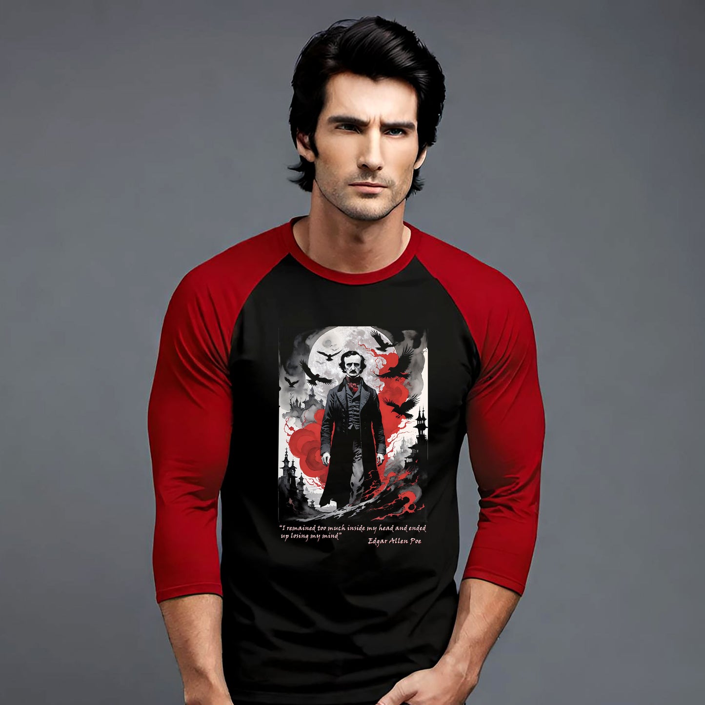 Edgar Allen Poe Unisex 3/4 Sleeve Baseball Tee for Serious Fans, Gothic Poe Jersey T-shirt, Macabre Tee, Poe Quote Shirt, Literary Fan Gift
