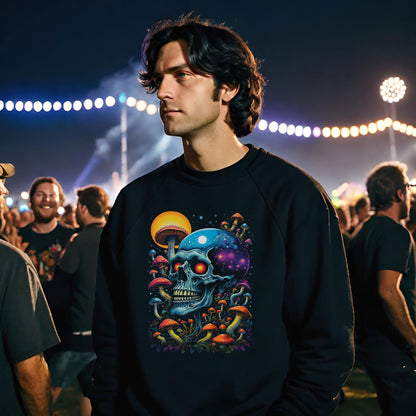 Cosmic Skull Sweatshirt, Unisex Crewneck for Astrology Lovers, Surreal Art Gift, Grunge Aesthetic, Festival Wear, Mushroom Vibes