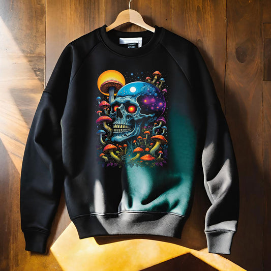 Cosmic Skull Sweatshirt, Unisex Crewneck for Astrology Lovers, Surreal Art Gift, Grunge Aesthetic, Festival Wear, Mushroom Vibes