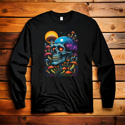 Cosmic Skull Long Sleeve Tee, Psychedelic Shirt, Magic Mushroom Art Tee, Unisex Graphic Tee, Halloween Gift, Festival Wear