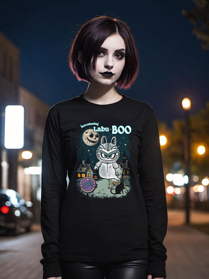 Labu Boo Unisex Tee, Halloween Cartoon Style Shirt, Spooky Labubu Artwork, Vintage Ghost Graphic Shirt, Unique Costume Tee, Quirky Long