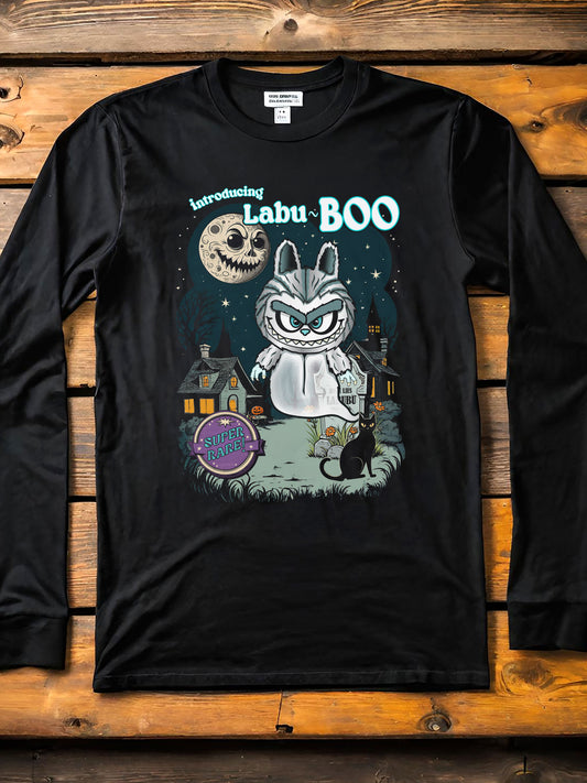 Labu Boo Unisex Tee, Halloween Cartoon Style Shirt, Spooky Labubu Artwork, Vintage Ghost Graphic Shirt, Unique Costume Tee, Quirky Long