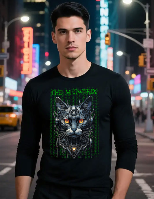 Matrix Cat Parody Tee, Funny Meowtrix Movie T-Shirt for Cat Lovers, Unisex Cotton Long Sleeve Shirt, Humorous Gift for Matrix Fans, Casual