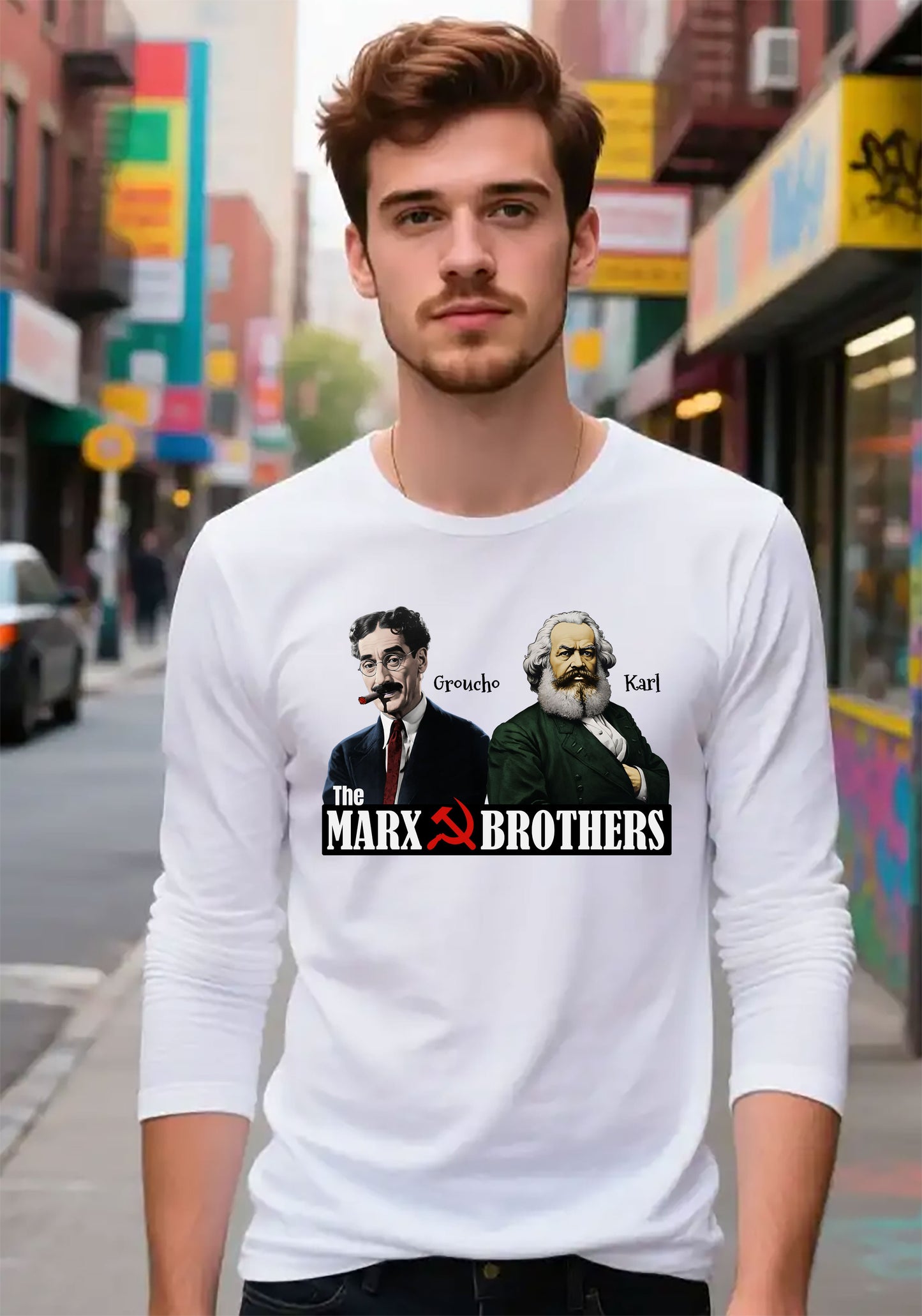 Marx Brothers Unisex Long Sleeve T-shirt, Groucho Karl Marx Political Satire Tee, Nerdy Humor Gift, Social Gathering Apparel