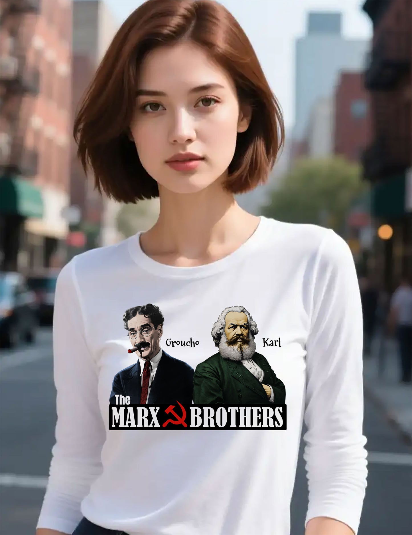 Marx Brothers Unisex Long Sleeve T-shirt, Groucho Karl Marx Political Satire Tee, Nerdy Humor Gift, Social Gathering Apparel