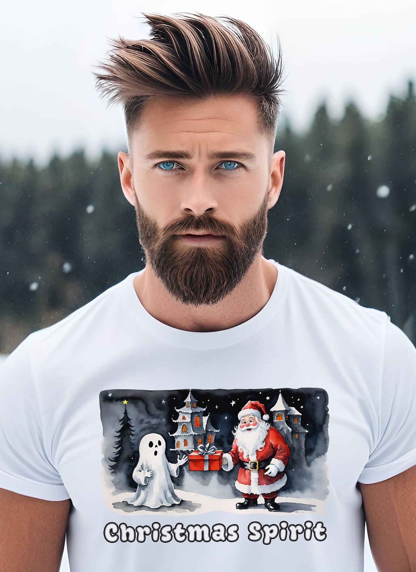Christmas Spirit Unisex Cotton Tee - Santa & Ghost Holiday Shirt - Spooky Christmas T-shirt