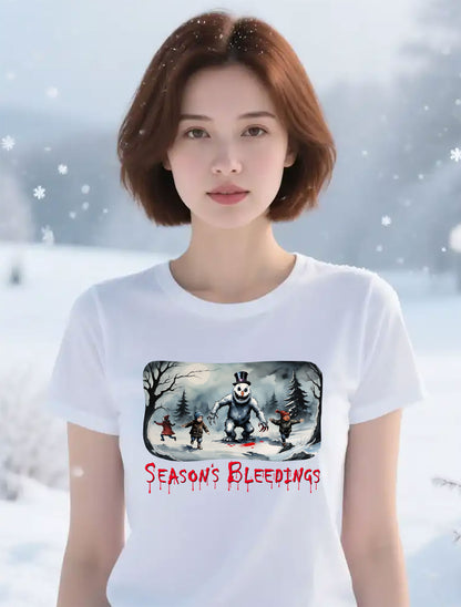 Season's Bleedings Snowman Horror T-Shirt | Creepy Winter Scene | Fractured Fairytales