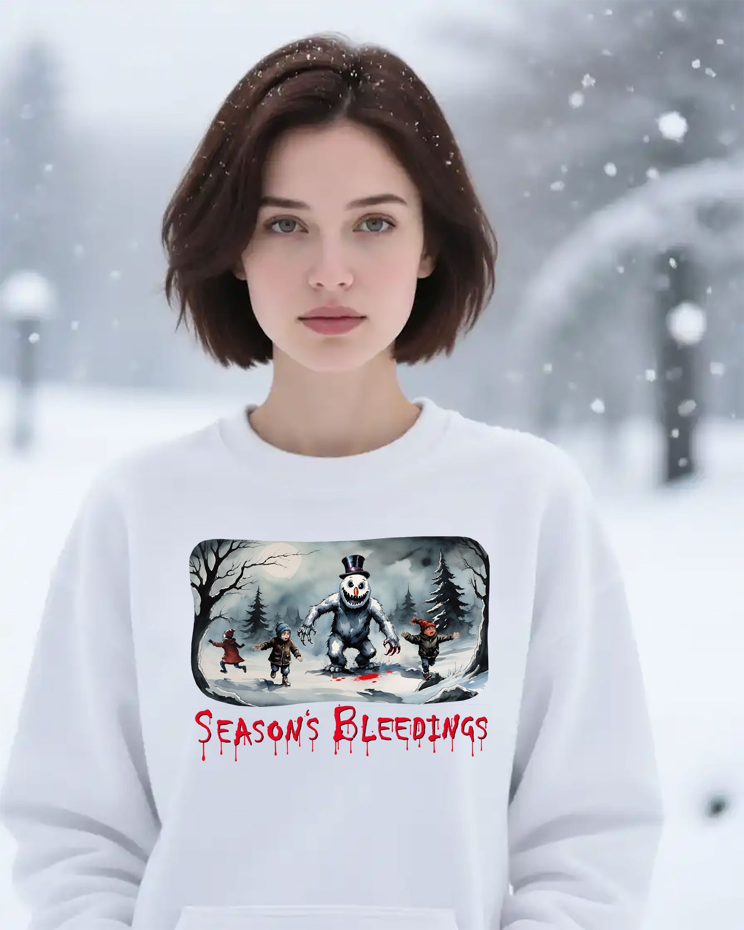 Season’s Bleedings Sweatshirt — Horror Snowman Holiday Crewneck - Gruesome Holiday Design