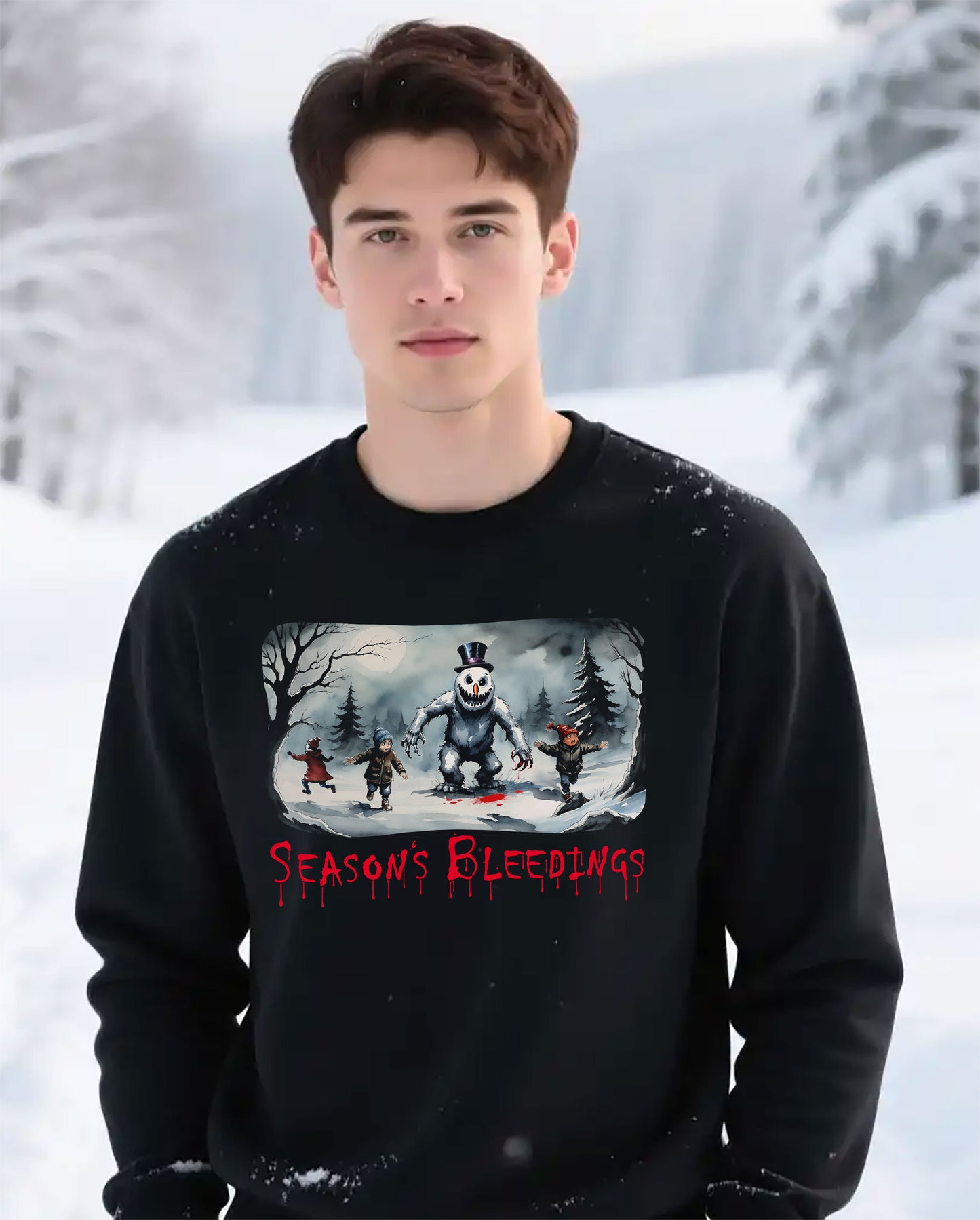 Season’s Bleedings Sweatshirt — Horror Snowman Holiday Crewneck - Gruesome Holiday Design