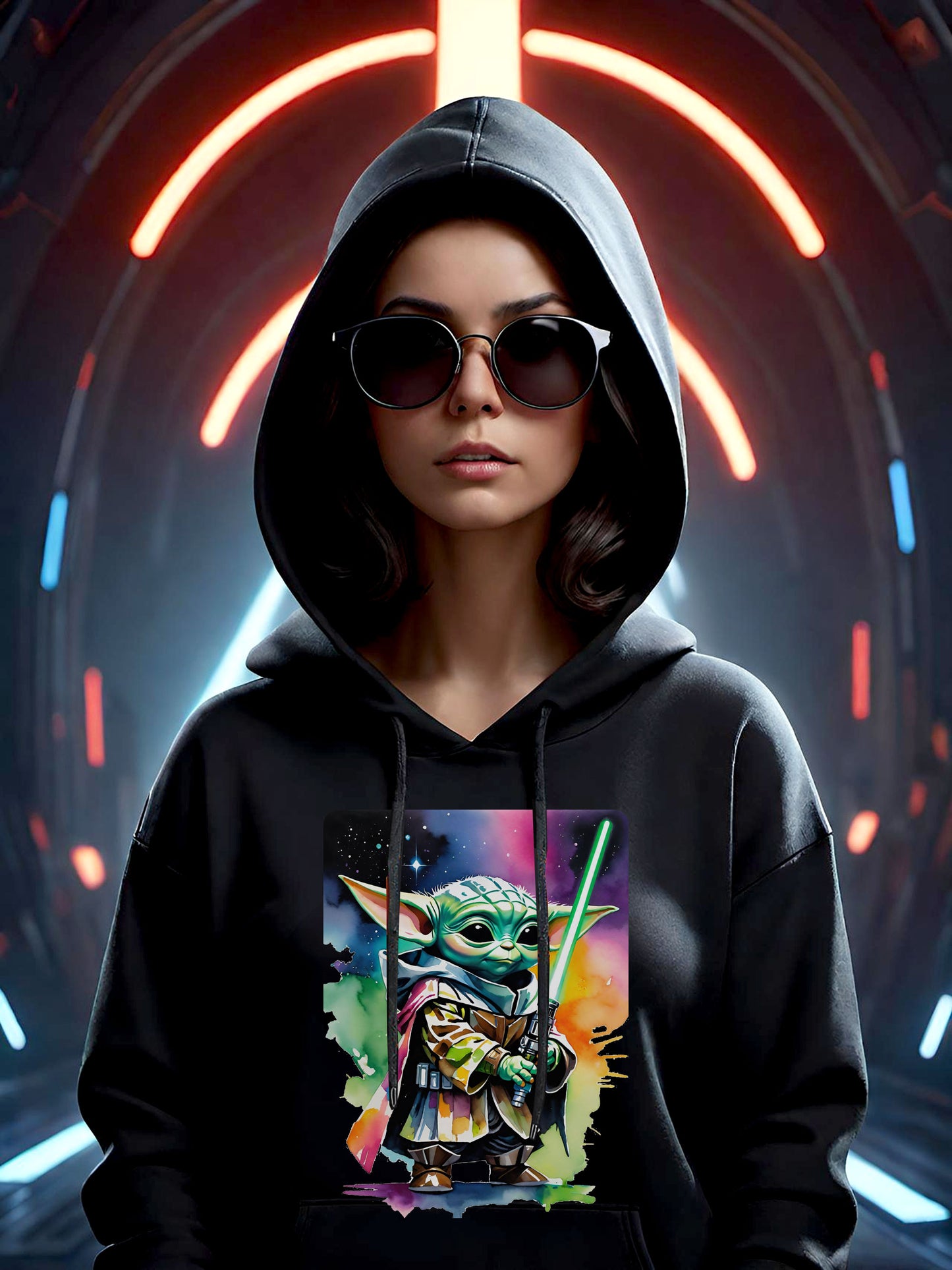 Grogu Watercolor Lightsaber Hoodie — Cute Baby Yoda Star Wars Sweatshirt