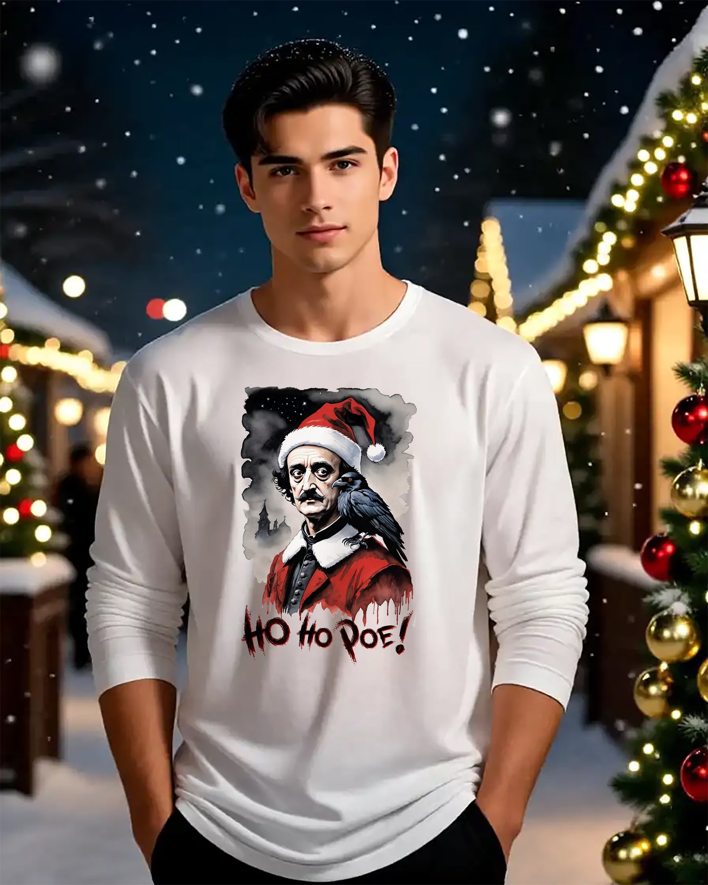 Edgar Allen Poe Santa Long Sleeve Tee | "Ho Ho Poe!" Christmas T-shirt | Literary Graphic Shirt