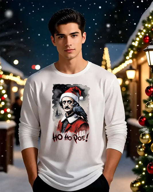 Edgar Allen Poe Santa Long Sleeve Tee | "Ho Ho Poe!" Christmas T-shirt | Literary Graphic Shirt