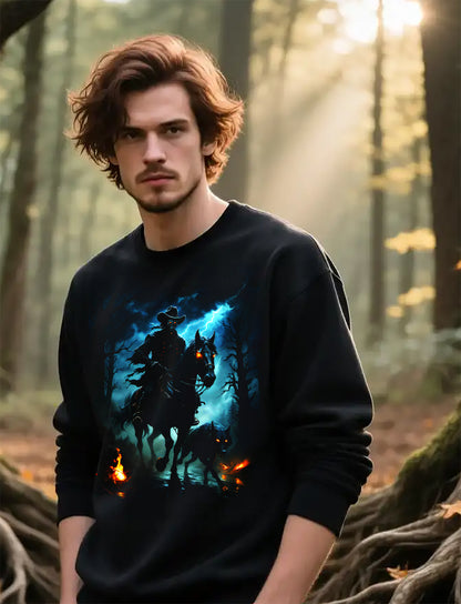 Ghost Rider Sweatshirt, Black Wolf Graphic, Skeletal Cowboy Unisex Sweatshirt